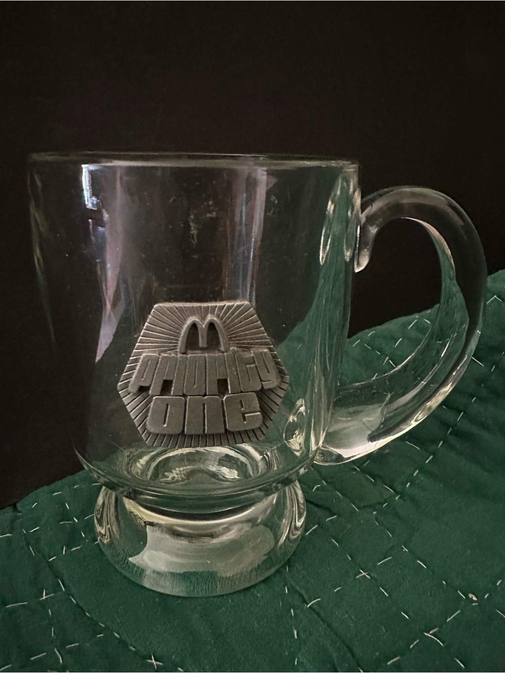 McDonald's Clear Glass Mug with Silver 'Proud to Be One' Badge